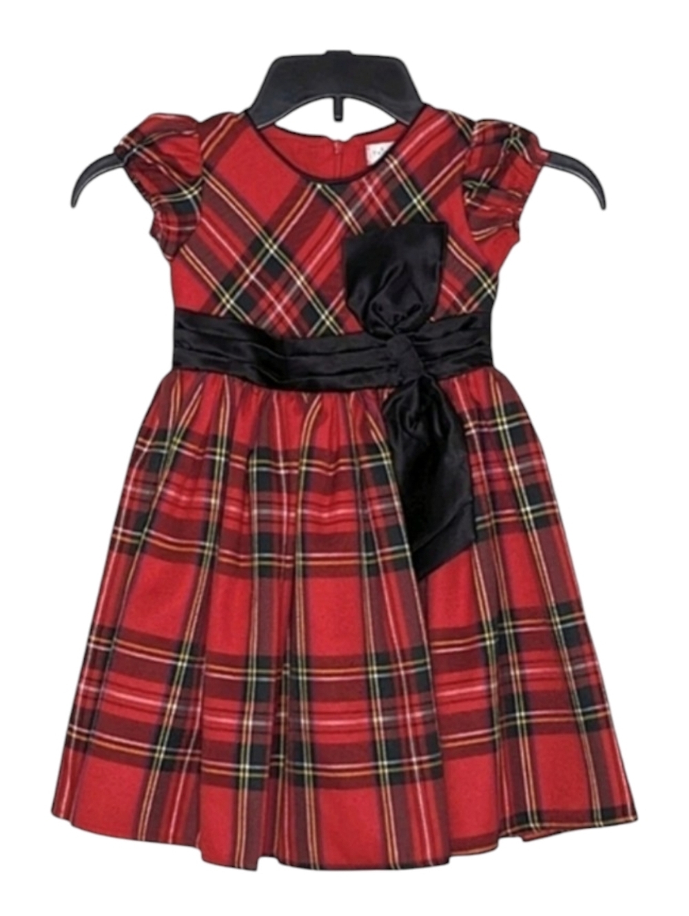 Trish Scully Tartan Plaid Dress  Black Satin Bow Amaryllis Red Short Sleeve 4T